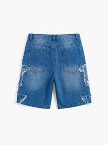 Manfinity EMRG Men's American Hip-Hop Street Style Star Patch Raw Hem Loose Wide Leg Pants - Medium Wash - View 3