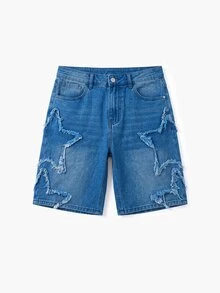 Manfinity EMRG Men's American Hip-Hop Street Style Star Patch Raw Hem Loose Wide Leg Pants - Medium Wash - View 6