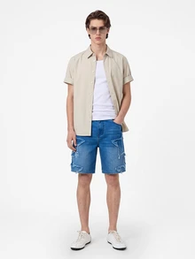 Manfinity EMRG Men's American Hip-Hop Street Style Star Patch Raw Hem Loose Wide Leg Pants - Medium Wash - View 4