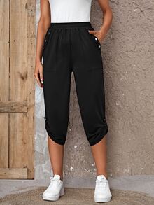 EMERY ROSE Solid Color Button Detail Rolled Hem Capri Pants - Black - View 5