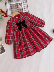 Glamorique Kids 女童紅色格紋長袖洋裝，附彼得潘領與可拆式天鵝絨蝴蝶結，大裙擺設計，適合學校、拍照、家庭肖像及日常穿著，優雅甜美風 - 粉色 - 查看 3
