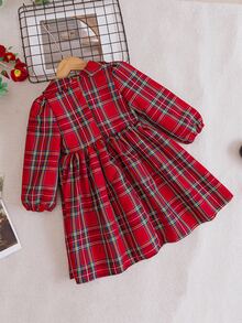 Glamorique Kids 女童紅色格紋長袖洋裝，附彼得潘領與可拆式天鵝絨蝴蝶結，大裙擺設計，適合學校、拍照、家庭肖像及日常穿著，優雅甜美風 - 粉色 - 查看 4