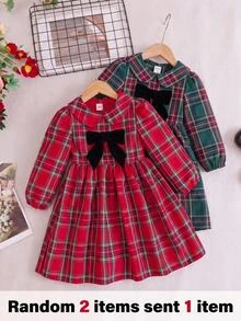 Glamorique Kids 女童紅色格紋長袖洋裝，附彼得潘領與可拆式天鵝絨蝴蝶結，大裙擺設計，適合學校、拍照、家庭肖像及日常穿著，優雅甜美風 - 粉色 - 查看 1