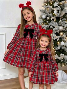 Glamorique Kids 女童紅色格紋長袖洋裝，附彼得潘領與可拆式天鵝絨蝴蝶結，大裙擺設計，適合學校、拍照、家庭肖像及日常穿著，優雅甜美風 - 粉色 - 查看 2