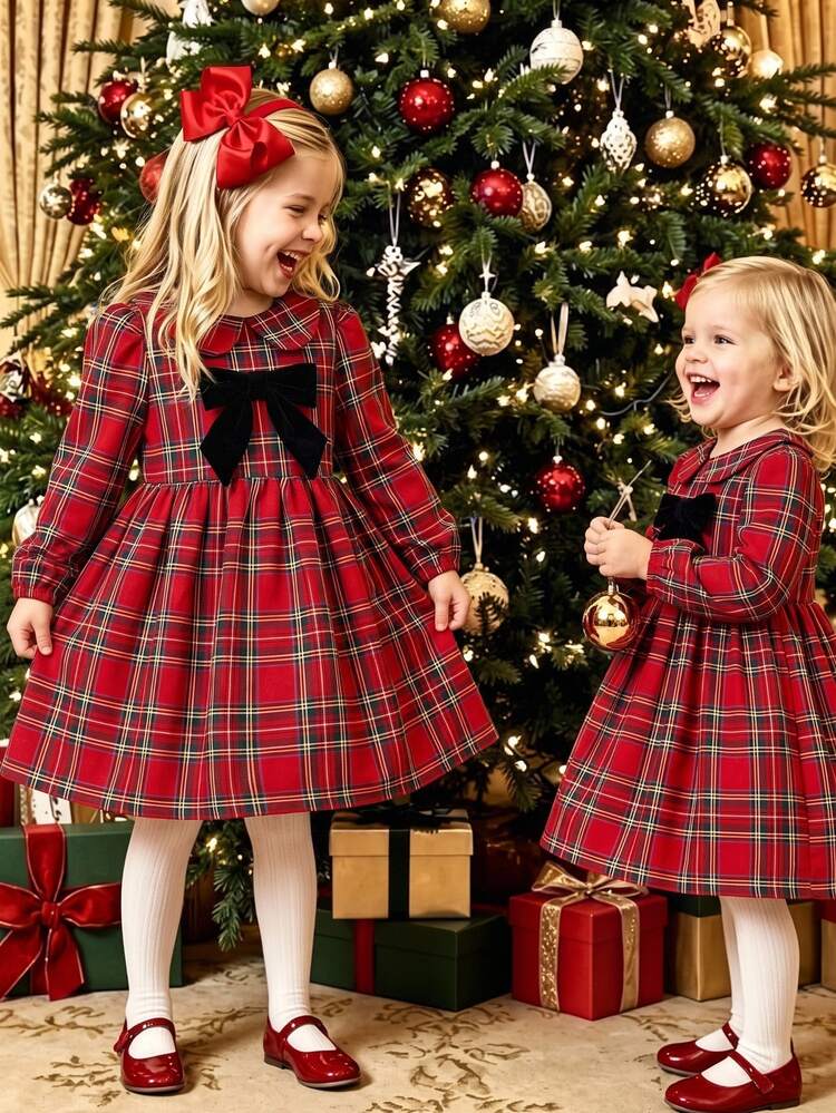 Glamorique Kids فستان أحمر بنقشة مربعات بأكمام طويلة مع ياقة بيتر بان، فيونكة مخملية قابلة للفصل، تنورة كاملة، مناسب للمدرسة والصور الشخصية وصور العائلة والارتداء اليومي، بأسلوب أنيق وحلو للفتيات - وردي - مشاهدة 1
