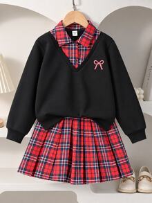 SHEIN Elladie kids 女童大童學院風 2 合 1 衛衣百褶裙套裝，紅色格紋黑色格紋上衣，青少年校園穿搭，春秋家庭款 - 黑色 - 查看 5
