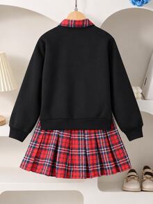 SHEIN Elladie kids 女童大童學院風 2 合 1 衛衣百褶裙套裝，紅色格紋黑色格紋上衣，青少年校園穿搭，春秋家庭款 - 黑色 - 查看 3