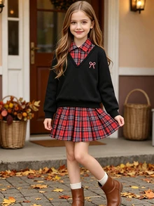 SHEIN Elladie kids 女童大童學院風 2 合 1 衛衣百褶裙套裝，紅色格紋黑色格紋上衣，青少年校園穿搭，春秋家庭款 - 黑色 - 查看 14