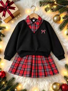 SHEIN Elladie kids 女童大童學院風 2 合 1 衛衣百褶裙套裝，紅色格紋黑色格紋上衣，青少年校園穿搭，春秋家庭款 - 黑色 - 查看 9