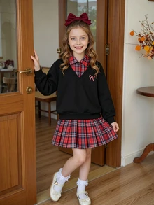 SHEIN Elladie kids 女童大童學院風 2 合 1 衛衣百褶裙套裝，紅色格紋黑色格紋上衣，青少年校園穿搭，春秋家庭款 - 黑色 - 查看 4