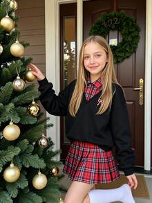 SHEIN Elladie kids 女童大童學院風 2 合 1 衛衣百褶裙套裝，紅色格紋黑色格紋上衣，青少年校園穿搭，春秋家庭款 - 黑色 - 查看 7