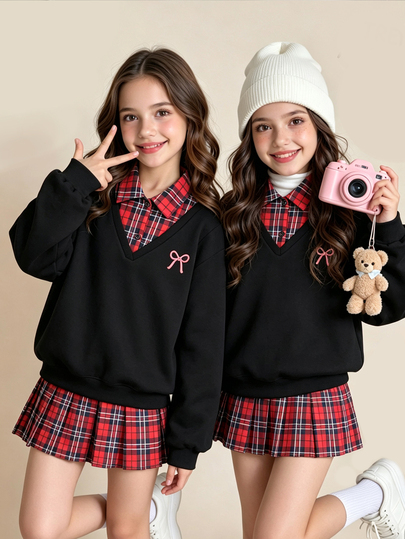 SHEIN Elladie kids Girls' Big Kids' College Style Faux 2-Piece Sweatshirt Pleated Skirt Set, Red Plaid Black Plaid Colla Top, Teen Campus Outfit, Spring/Autumn Family