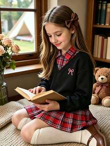 SHEIN Elladie kids 女童大童學院風 2 合 1 衛衣百褶裙套裝，紅色格紋黑色格紋上衣，青少年校園穿搭，春秋家庭款 - 黑色 - 查看 8