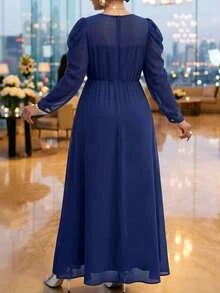 Fleurora Plus Size Women's Elegant Solid Color Round Neck Fitted Long Sleeve Dress - Navy Blue - View 2