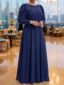 Fleurora Plus Size Women's Elegant Solid Color Round Neck Fitted Long Sleeve Dress - Navy Blue - View 5