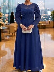 Fleurora Plus Size Women's Elegant Solid Color Round Neck Fitted Long Sleeve Dress - Navy Blue - View 4