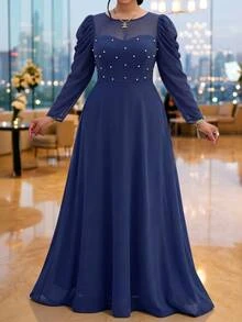 Fleurora Plus Size Women's Elegant Solid Color Round Neck Fitted Long Sleeve Dress - Navy Blue - View 3
