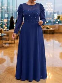 Fleurora Plus Size Women's Elegant Solid Color Round Neck Fitted Long Sleeve Dress - Navy Blue - View 6