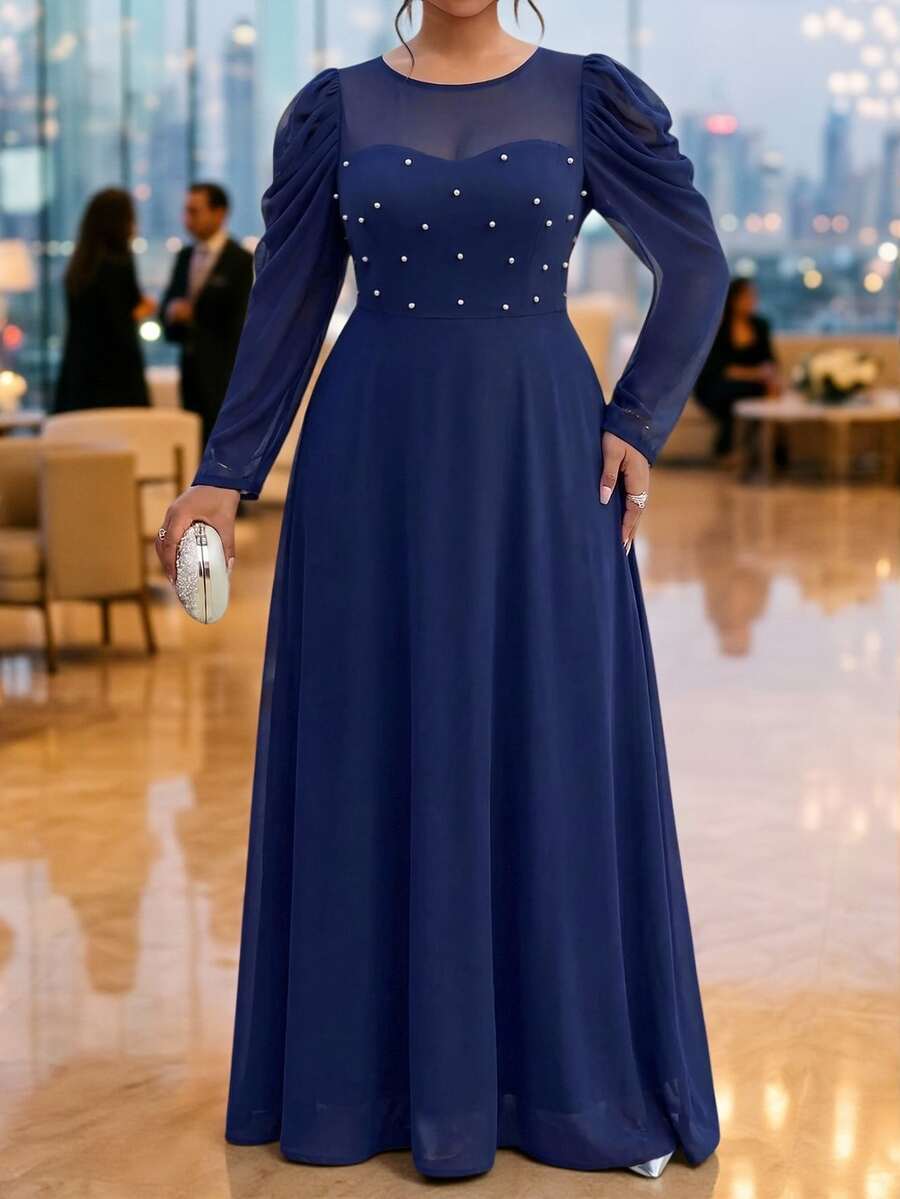 Fleurora Plus Size Women's Elegant Solid Color Round Neck Fitted Long Sleeve Dress - Navy Blue - View 1