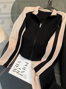 Franclia Women's Stand Collar Cardigan Jacket + Casual Slant Pocket Pants Set - Multicolor - View 3