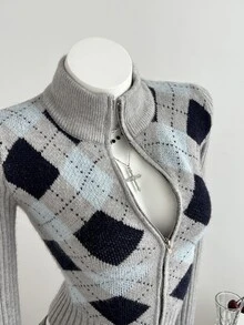 Elamini Women's Autumn/Winter Lazy Fashion Versatile Daily Commute College Style Argyle Zipper Cardigan - Multicolor - View 5