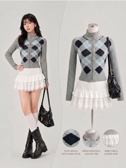 Elamini Women's Autumn/Winter Lazy Fashion Versatile Daily Commute College Style Argyle Zipper Cardigan