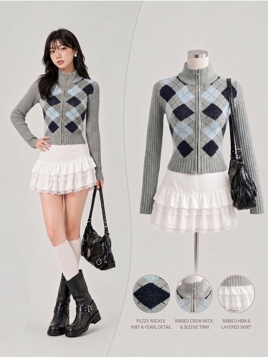 Elamini Women's Autumn/Winter Lazy Fashion Versatile Daily Commute College Style Argyle Zipper Cardigan - Multicolor - View 1
