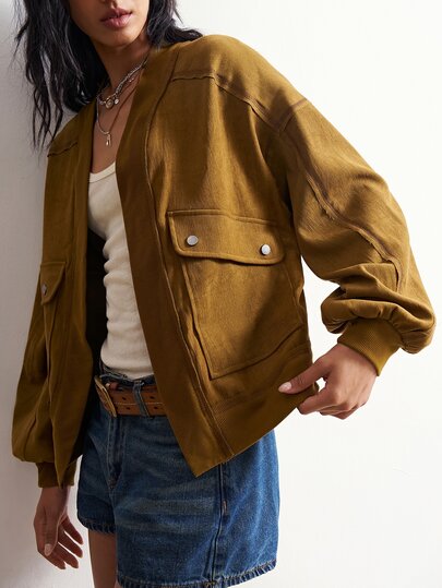 Bohemela Casual Streetwear Woven Patchwork Loose Fit Women's Jacket Travel Everyday Mustard Yellow Autumn
