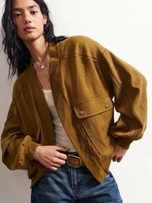 Bohemela Casual Streetwear Woven Patchwork Loose Fit Women's Jacket Travel Everyday Mustard Yellow Autumn - Army Green - View 4
