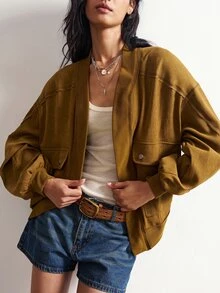 Bohemela Casual Streetwear Woven Patchwork Loose Fit Women's Jacket Travel Everyday Mustard Yellow Autumn - Army Green - View 3