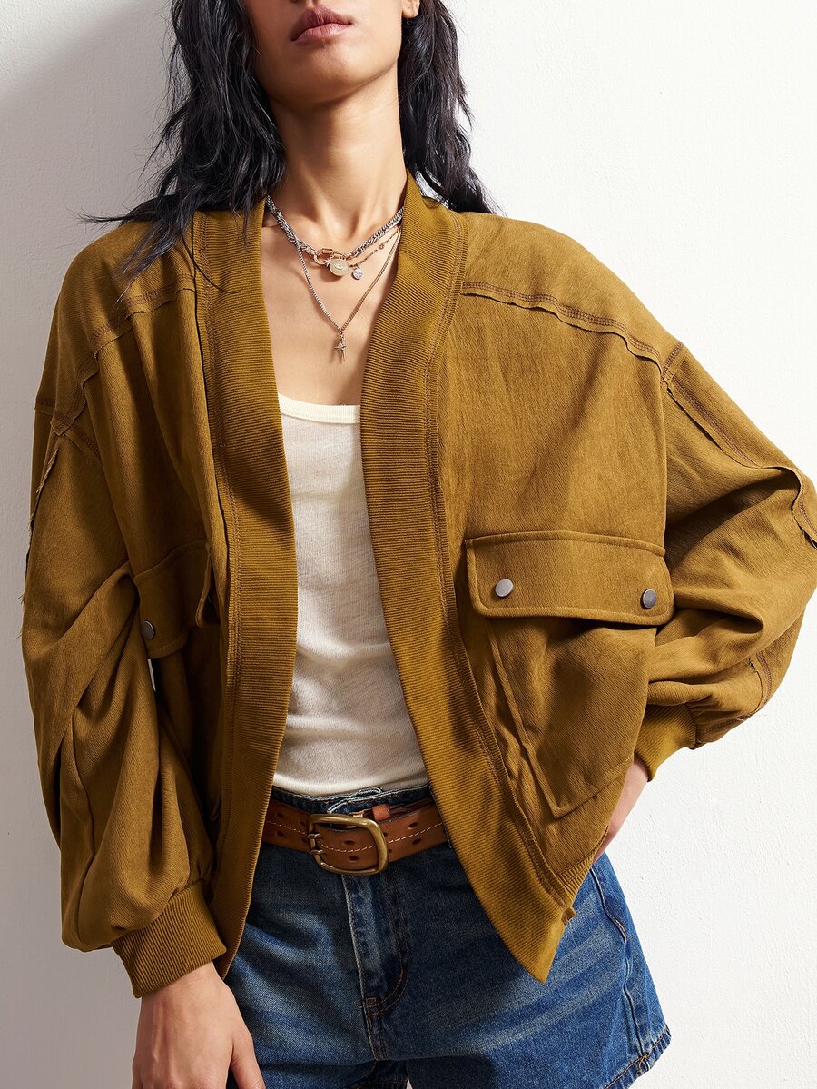 Bohemela Casual Streetwear Woven Patchwork Loose Fit Women's Jacket Travel Everyday Mustard Yellow Autumn - Army Green - View 1