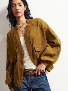 Bohemela Casual Streetwear Woven Patchwork Loose Fit Women's Jacket Travel Everyday Mustard Yellow Autumn - Army Green - View 5