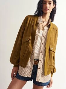 Bohemela Casual Streetwear Woven Patchwork Loose Fit Women's Jacket Travel Everyday Mustard Yellow Autumn - Army Green - View 6