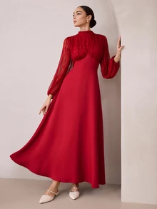 Graceveil Women's Lace Patchwork Stand Collar Long Sleeve Ruched Cinched Waist Flared Elegant Party Dress - Burgundy - View 7