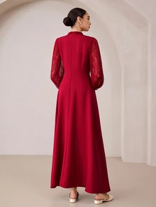 Graceveil Women's Lace Patchwork Stand Collar Long Sleeve Ruched Cinched Waist Flared Elegant Party Dress - Burgundy - View 6