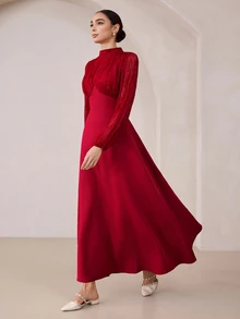 Graceveil Women's Lace Patchwork Stand Collar Long Sleeve Ruched Cinched Waist Flared Elegant Party Dress - Burgundy - View 5