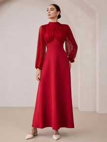 Graceveil Women's Lace Patchwork Stand Collar Long Sleeve Ruched Cinched Waist Flared Elegant Party Dress - Burgundy - View 8