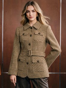 Anewsta Jaket Pendek Wol Tweed Motif Houndstooth Cokelat Kasual Elegan Musim Gugur/Dingin untuk Wanita, Cocok untuk Bisnis, Kantor, Pesta, dan Acara Santai. - Khaki - View 6