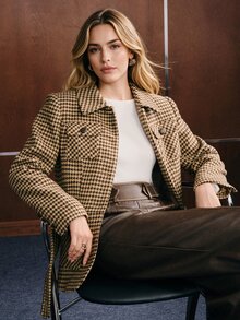 Anewsta Jaket Pendek Wol Tweed Motif Houndstooth Cokelat Kasual Elegan Musim Gugur/Dingin untuk Wanita, Cocok untuk Bisnis, Kantor, Pesta, dan Acara Santai. - Khaki - View 3