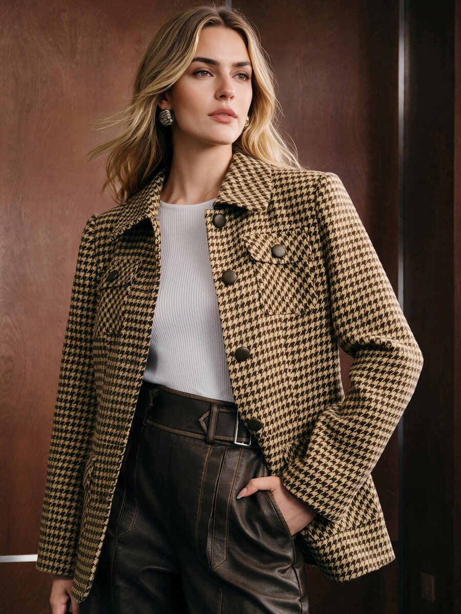 Anewsta Jaket Pendek Wol Tweed Motif Houndstooth Cokelat Kasual Elegan Musim Gugur/Dingin untuk Wanita, Cocok untuk Bisnis, Kantor, Pesta, dan Acara Santai.