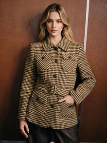 Anewsta Jaket Pendek Wol Tweed Motif Houndstooth Cokelat Kasual Elegan Musim Gugur/Dingin untuk Wanita, Cocok untuk Bisnis, Kantor, Pesta, dan Acara Santai. - Khaki - View 8