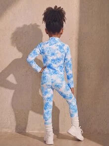 青少年女孩淺藍色花卉運動公主套裝 拉鍊長袖外套＋緊身褲 兩件式運動服 7歲生日 秋季 - 藍色 - 查看 3