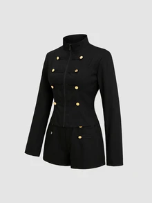 Sweetra Slim Fit Elegant Preppy Versatile Metal Button Napoleon Style Blazer And Shorts Set Office Black And Gold Summer - Black - View 7