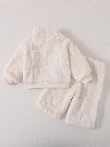 SHEIN Playful Pals 2件組女嬰幼兒可愛奶油色壓紋愛心蝴蝶結半拉鍊毛絨長袖立領加厚休閒運動衫褲套裝，適合冬季與秋季節日穿著 - 白色 - 查看 9
