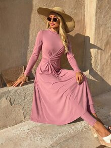 SHEIN Swim 26SS Spring/Summer Vacation Beach Mature Modest Elegant Pink Twisted Knot Full Skirt Burkini - Rose Red - View 6