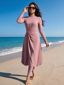 SHEIN Swim 26SS Spring/Summer Vacation Beach Mature Modest Elegant Pink Twisted Knot Full Skirt Burkini - Rose Red - View 1