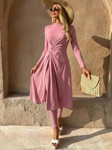 SHEIN Swim 26SS Spring/Summer Vacation Beach Mature Modest Elegant Pink Twisted Knot Full Skirt Burkini - Rose Red - View 7