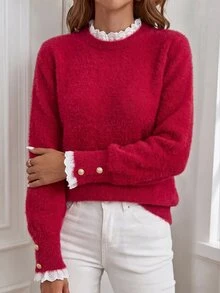 Selianne Sweater Wanita Lengan Panjang Motif Garis Merah Putih dengan Patchwork Renda, Kasual Romantis Elegan Serbaguna untuk Harian dan Kencan Musim Gugur - Merah - View 7