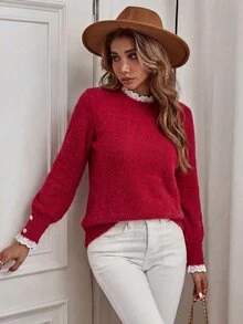 Selianne Sweater Wanita Lengan Panjang Motif Garis Merah Putih dengan Patchwork Renda, Kasual Romantis Elegan Serbaguna untuk Harian dan Kencan Musim Gugur - Merah - View 9
