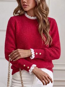 Selianne Sweater Wanita Lengan Panjang Motif Garis Merah Putih dengan Patchwork Renda, Kasual Romantis Elegan Serbaguna untuk Harian dan Kencan Musim Gugur - Merah - View 5